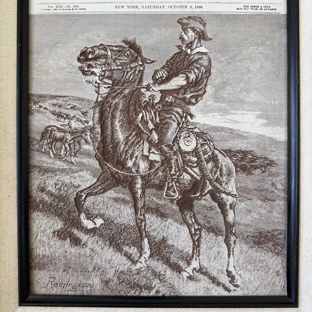 1886 Harper's Weekly Magazine Cover Page Engraved Texture Art Remington Framed